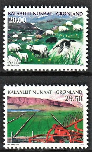 FRIMÆRKER GRØNLAND | 2013 - AFA 644-45 - Landbrug i Grønland II. - 20,00 + 29,50 kr. flerfarvet - Postfrisk